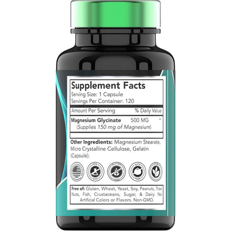 Tabla nutricional del suplemento tnvitamins Glicinato de Magnesio 500 mg 120 cápsulas