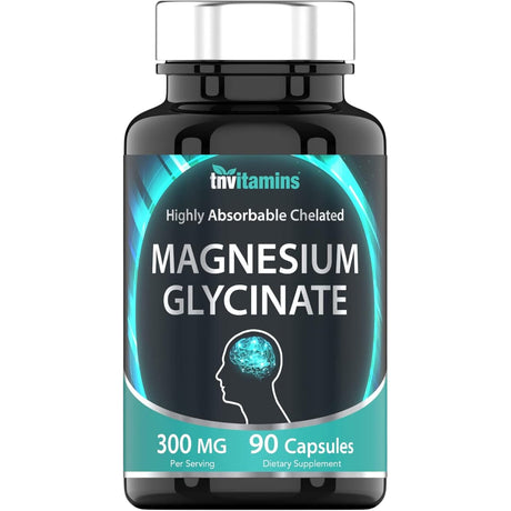 Frasco de suplemento TNVitamins Glicinato de Magnesio 90 cápsulas