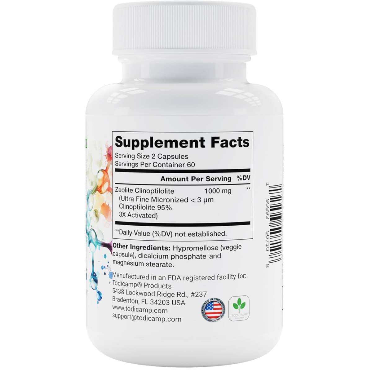 Tabla nutricional del suplemento Todicamp Zeolita Clinoptilolita 1000 mg 120 cápsulas