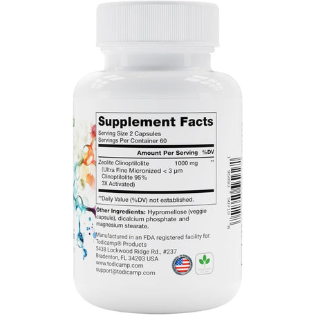 Tabla nutricional del suplemento Todicamp Zeolita Clinoptilolita 1000 mg 120 cápsulas