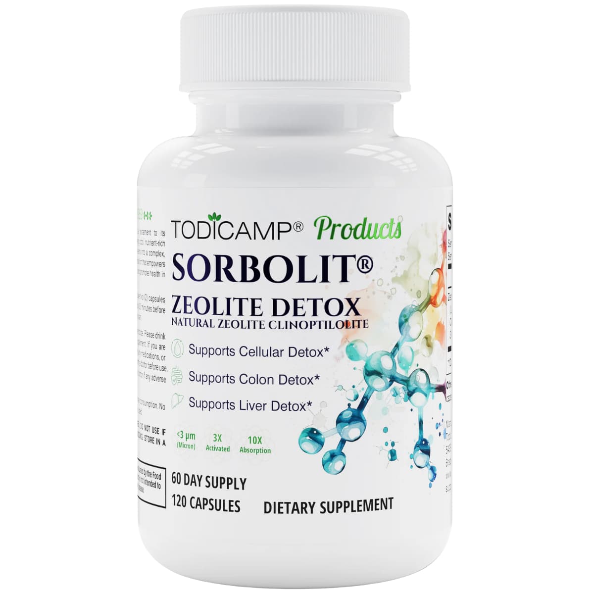 Frasco de suplemento Todicamp Zeolita Clinoptilolita 1000 mg 120 cápsulas