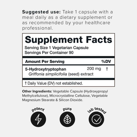 Tabla nutricional del suplemento Toniiq 5-HTP 90 cápsulas