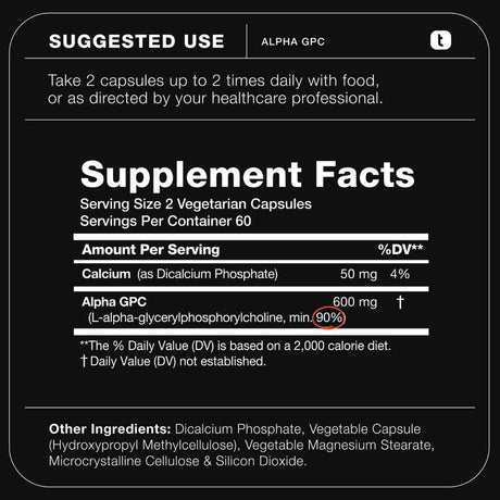 Tabla nutricional del suplemento Toniiq Alfa GPC 120 cápsulas