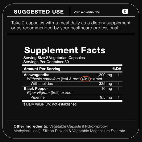 Tabla nutricional del suplemento Toniiq Ashwagandha 120 cápsulas