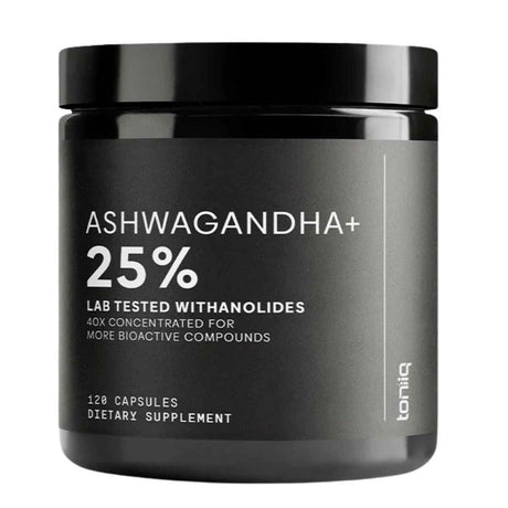 Frasco de suplemento Toniiq Ashwagandha 120 cápsulas