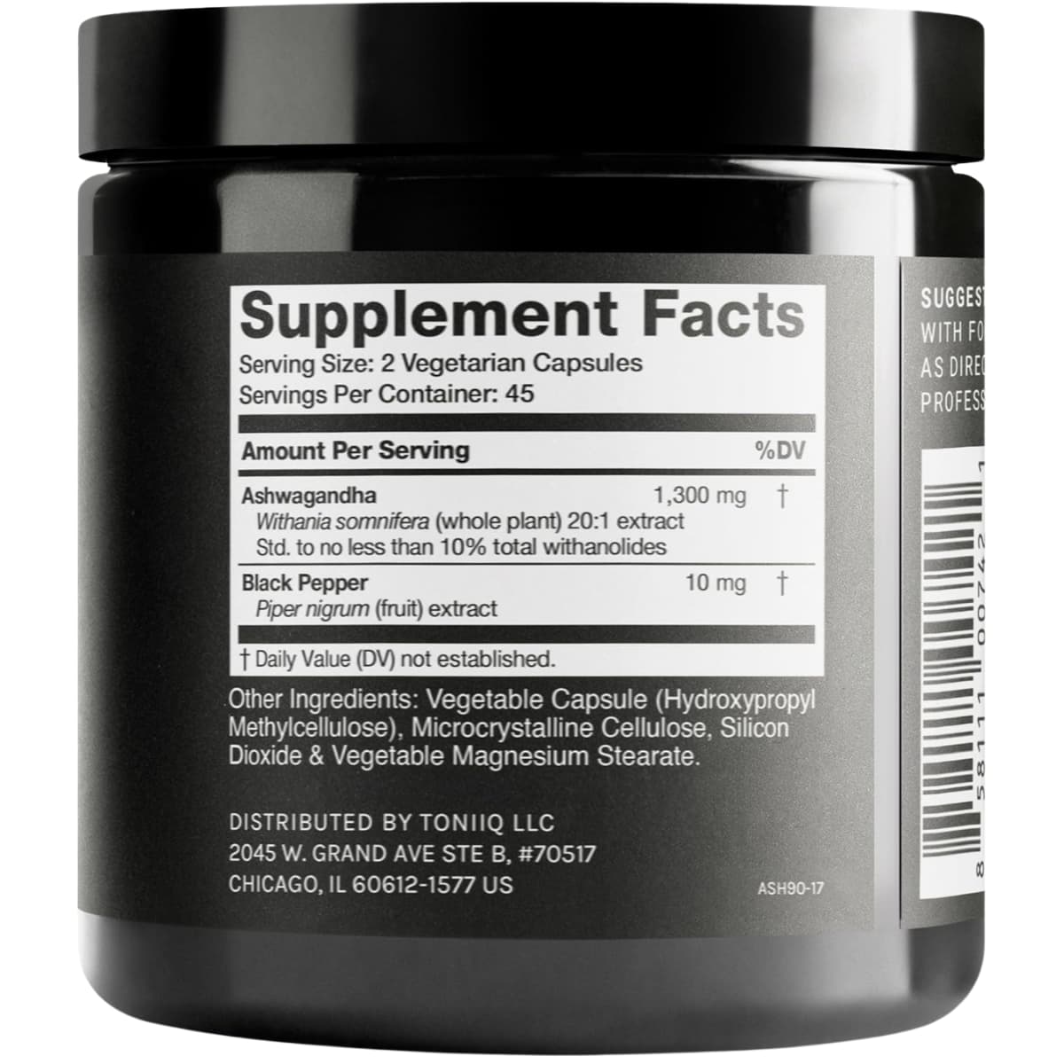 Tabla nutricional del suplemento Toniiq Ashwagandha 90 cápsulas