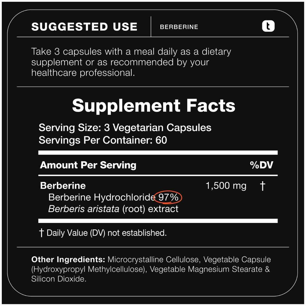 Tabla nutricional del suplemento Toniiq Berberina 1500 mg 180 cápsulas
