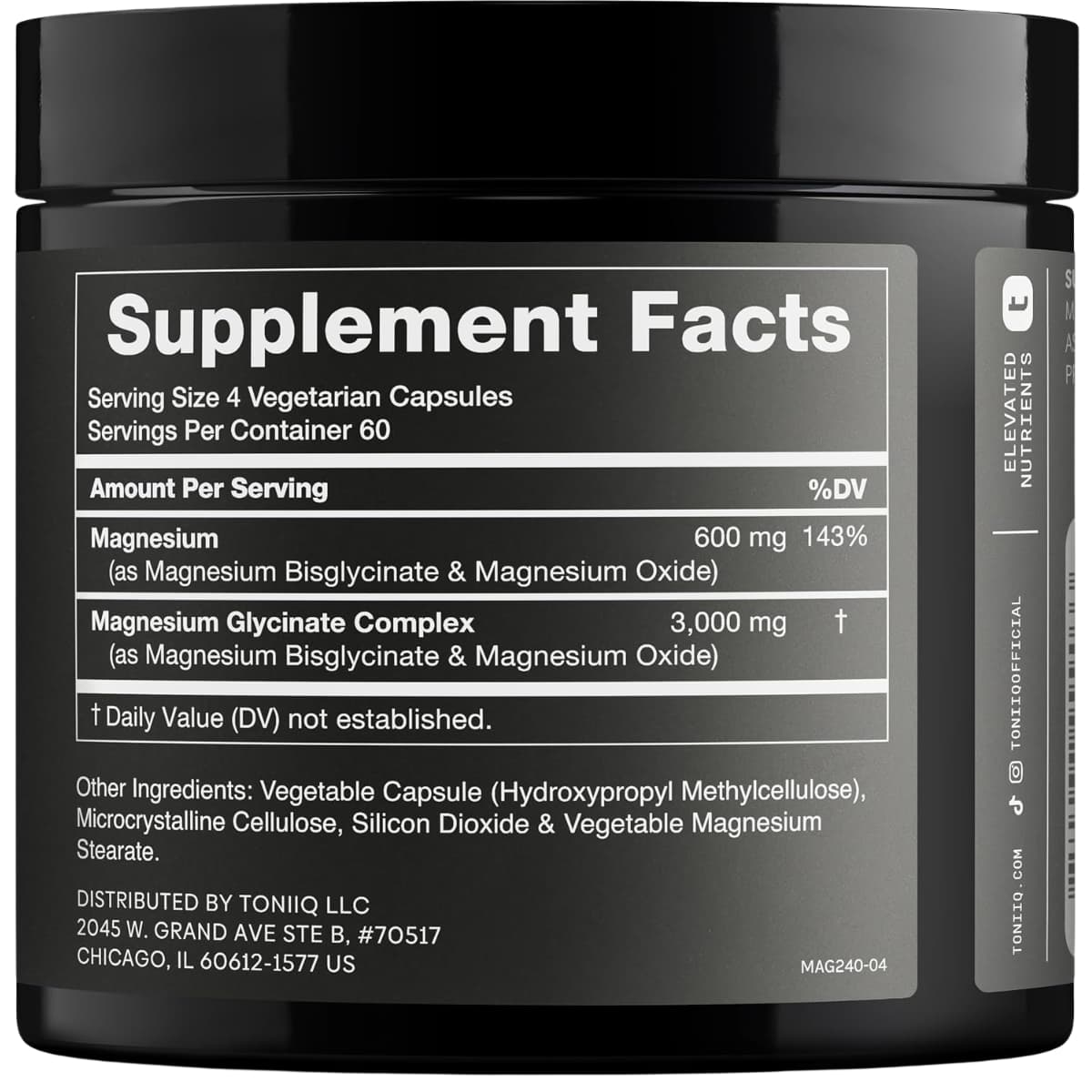 Información del suplemento de Toniiq complejo de magnesio 3000, con 600 mg de magnesio por porción.