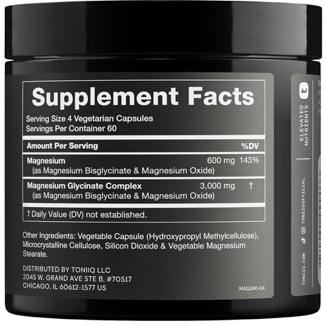 Información del suplemento de Toniiq complejo de magnesio 3000, con 600 mg de magnesio por porción.