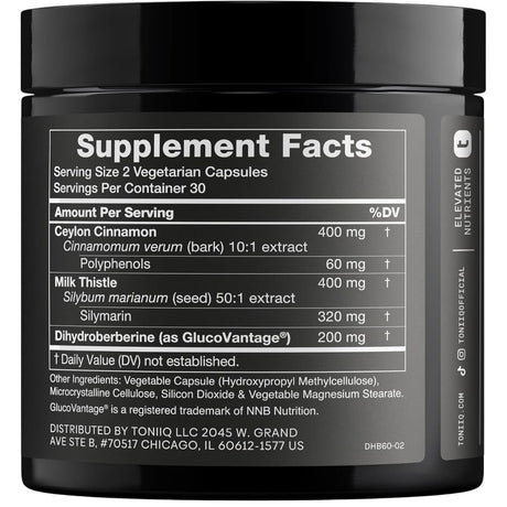 Tabla nutricional del suplemento Toniiq Dihidroberberina 60 cápsulas