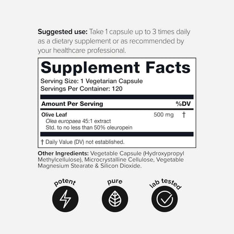 Tabla nutricional del suplemento Toniiq Extracto de Hoja de Olivo 120 cápsulas