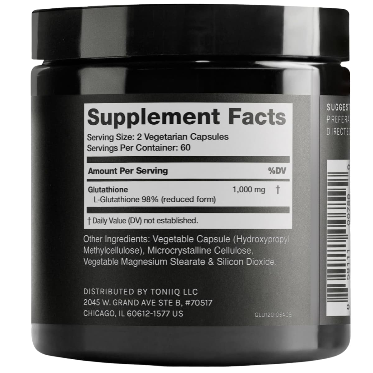 Tabla nutricional del suplemento Toniiq L-Glutatión 1000 mg 120 cápsulas