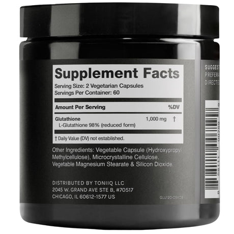 Tabla nutricional del suplemento Toniiq L-Glutatión 1000 mg 120 cápsulas