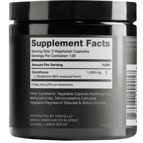 Tabla nutricional del suplemento Toniiq L-Glutatión 1000 mg 240 cápsulas