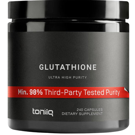 Frasco de suplemento Toniiq L-Glutatión 1000 mg 240 cápsulas
