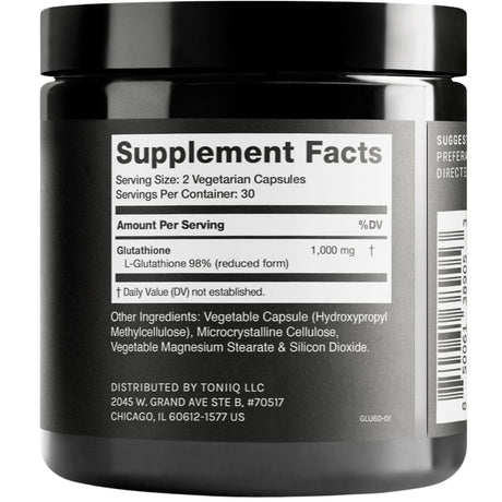 Tabla nutricional del suplemento Toniiq L-Glutatión 1000 mg 60 cápsulas