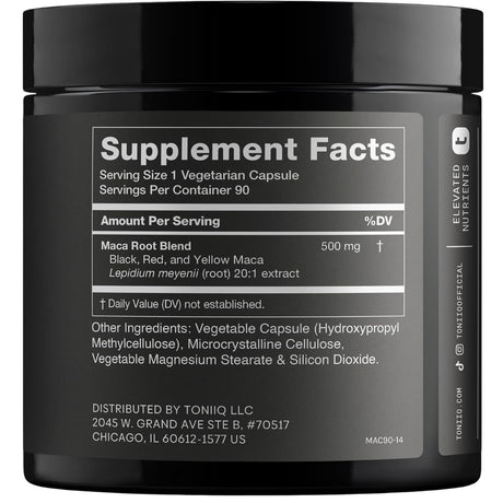 Tabla nutricional del suplemento Toniiq Maca 500 mg 90 cápsulas