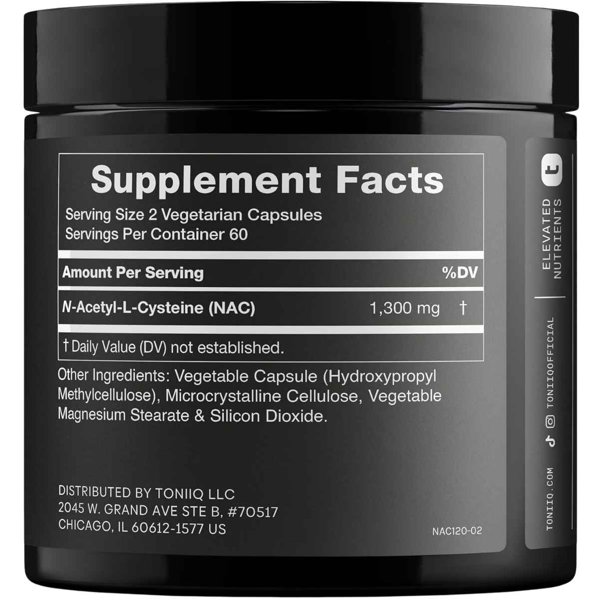 Tabla nutricional del suplemento Toniiq N-Acetil-L-Cisteína (NAC) 1300 mg 120 Cápsulas