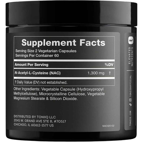 Tabla nutricional del suplemento Toniiq N-Acetil-L-Cisteína (NAC) 1300 mg 120 Cápsulas