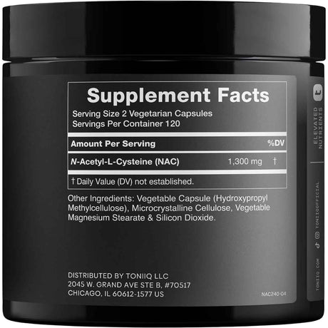 Tabla nutricional del suplemento Toniiq N-Acetil-L-Cisteína (NAC) 1300 mg 240 Cápsulas