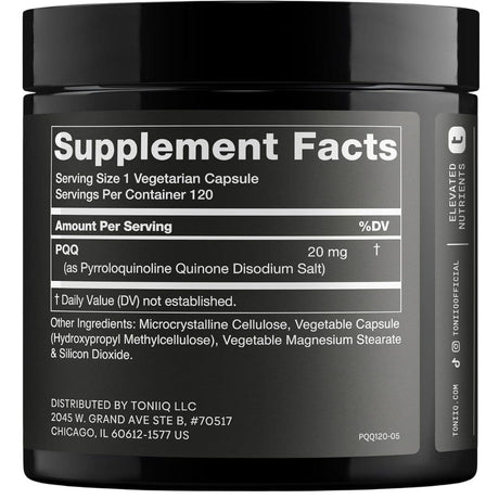 Tabla nutricional del suplemento Toniiq PQQ 120 cápsulas