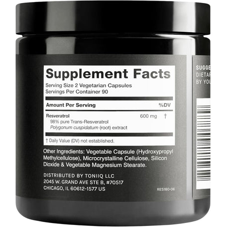 Etiqueta del frasco Toniiq resveratrol 600 mg, 180 cápsulas vegetarianas