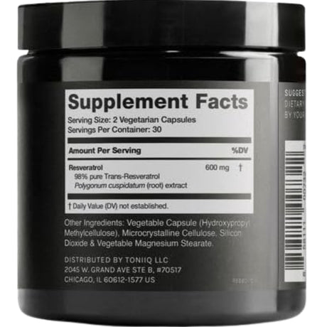 Etiqueta del frasco Toniiq resveratrol 600 mg, 60 cápsulas vegetarianas