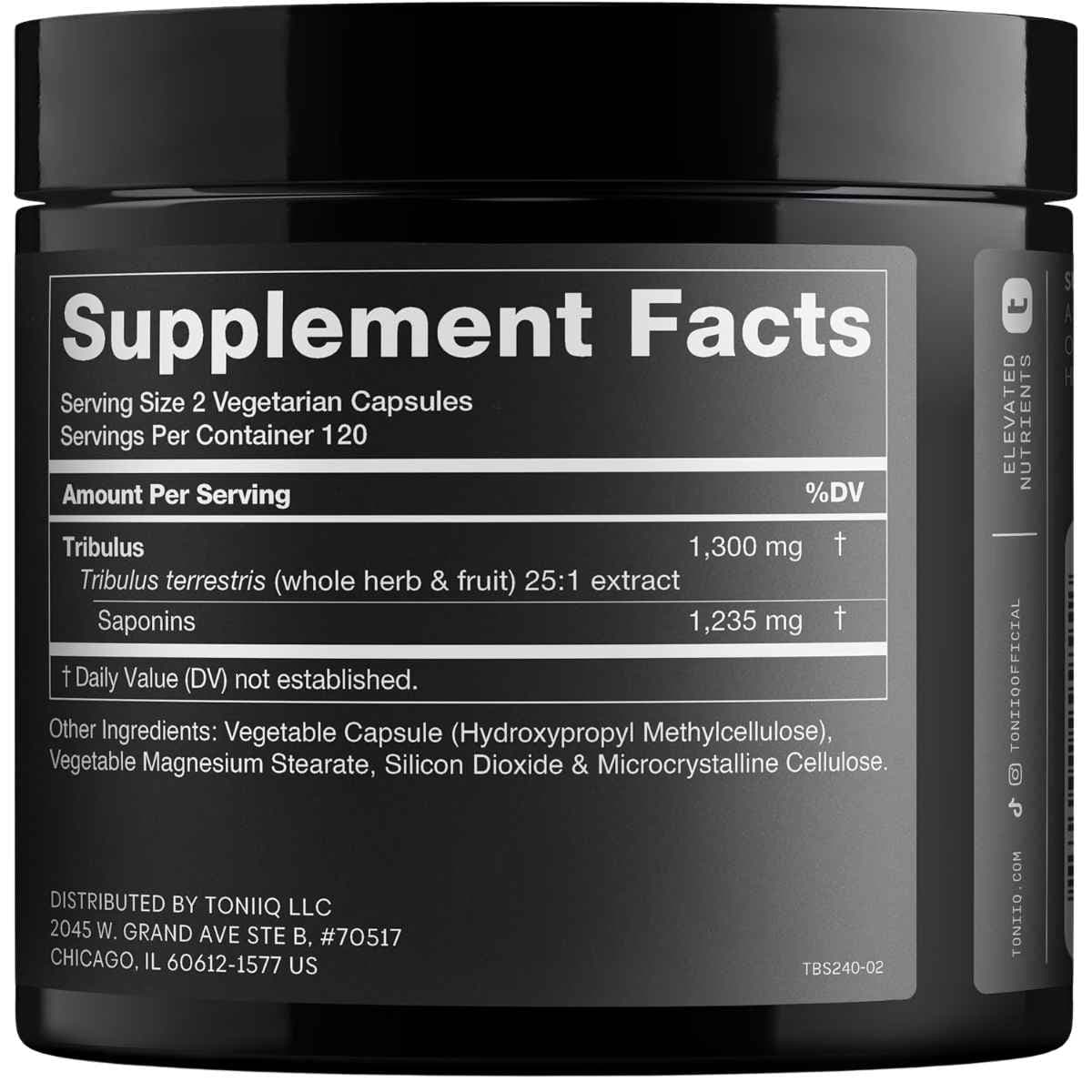 Tabla nutricional del suplemento Toniiq Tríbulos Terrestre 1300 mg 240 cápsulas