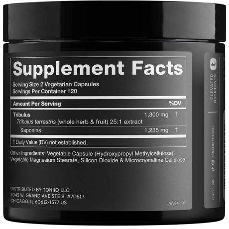 Tabla nutricional del suplemento Toniiq Tríbulos Terrestre 1300 mg 240 cápsulas