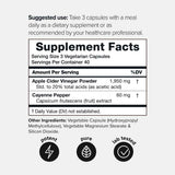 Tabla nutricional del suplemento Toniiq Vinagre de Sidra de Manzana 120 cápsulas.
