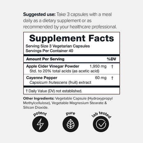 Tabla nutricional del suplemento Toniiq Vinagre de Sidra de Manzana 120 cápsulas.