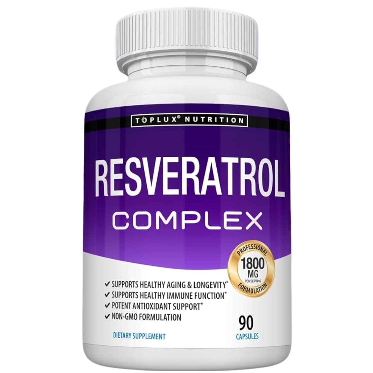 Frasco de suplemento Toplux Nutrition Complejo de Resveratrol 90 cápsulas