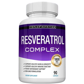 Frasco de suplemento Toplux Nutrition Complejo de Resveratrol 90 cápsulas
