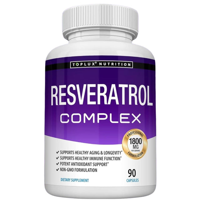 Frasco de suplemento Toplux Nutrition Complejo de Resveratrol 90 cápsulas