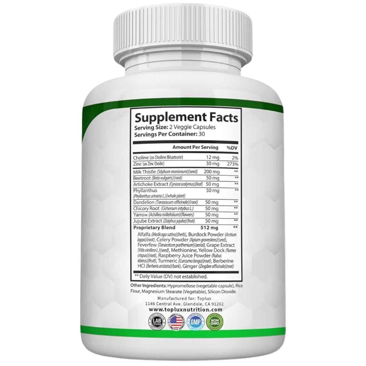 Tabla nutricional del suplemento Toplux Nutrition Desintoxicación Hepática 60 Cápsulas