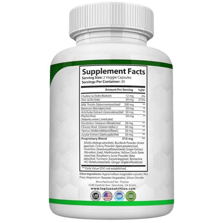 Tabla nutricional del suplemento Toplux Nutrition Desintoxicación Hepática 60 Cápsulas