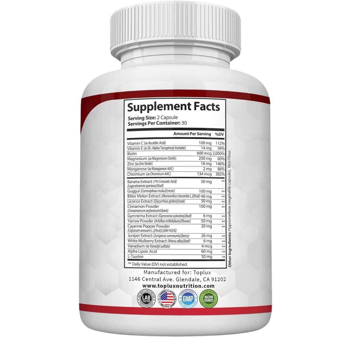 Información del suplemento de Toplux Nutrition fórmula con cromo y canela