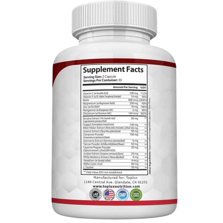 Información del suplemento de Toplux Nutrition fórmula con cromo y canela
