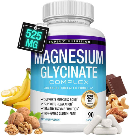 Toplux Nutrition glicinato de magnesio 525 mg por porción, frasco de 90 cápsulas