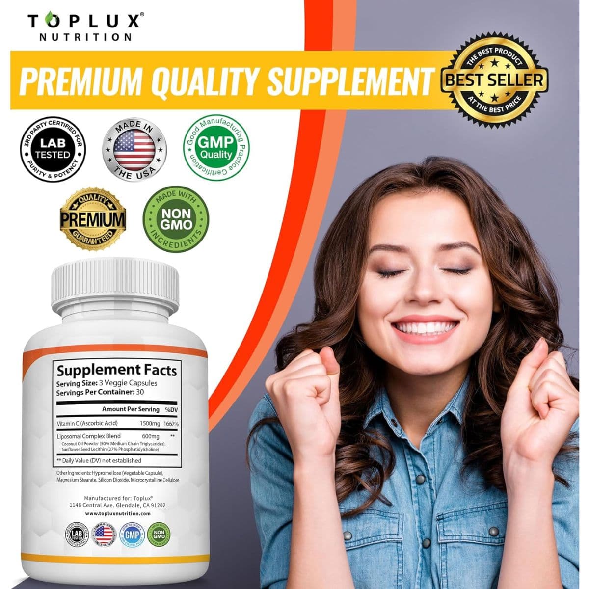 Tabla nutricional del suplemento Toplux Nutrition Vitamina C Liposomal 1800 mg 90 Cápsulas