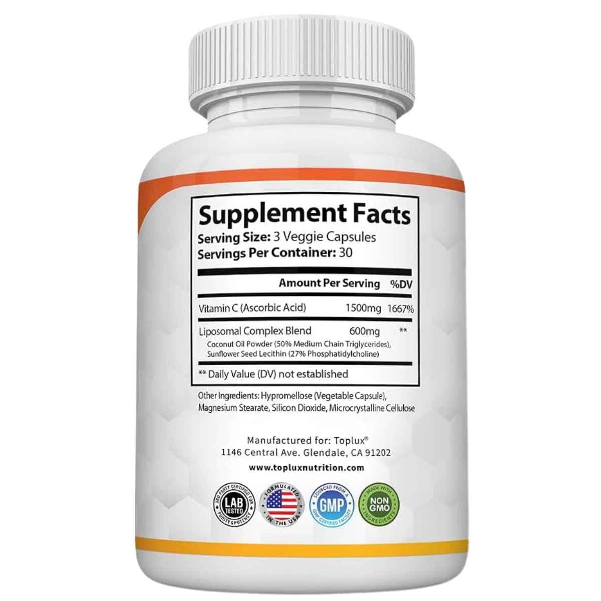 Tabla nutricional de Toplux Nutrition Vitamina C Liposomal con 1500 mg de vitamina C y 600 mg de complejo liposomal por porción.