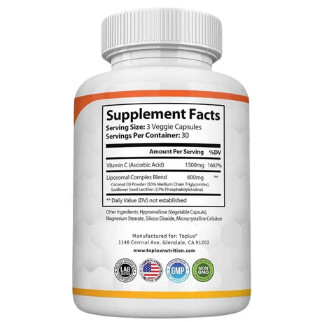 Tabla nutricional de Toplux Nutrition Vitamina C Liposomal con 1500 mg de vitamina C y 600 mg de complejo liposomal por porción.
