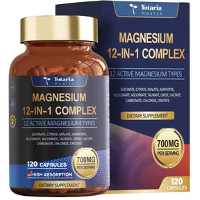Frasco Totaria Health complejo de magnesio 12 en 1 120 cápsulas