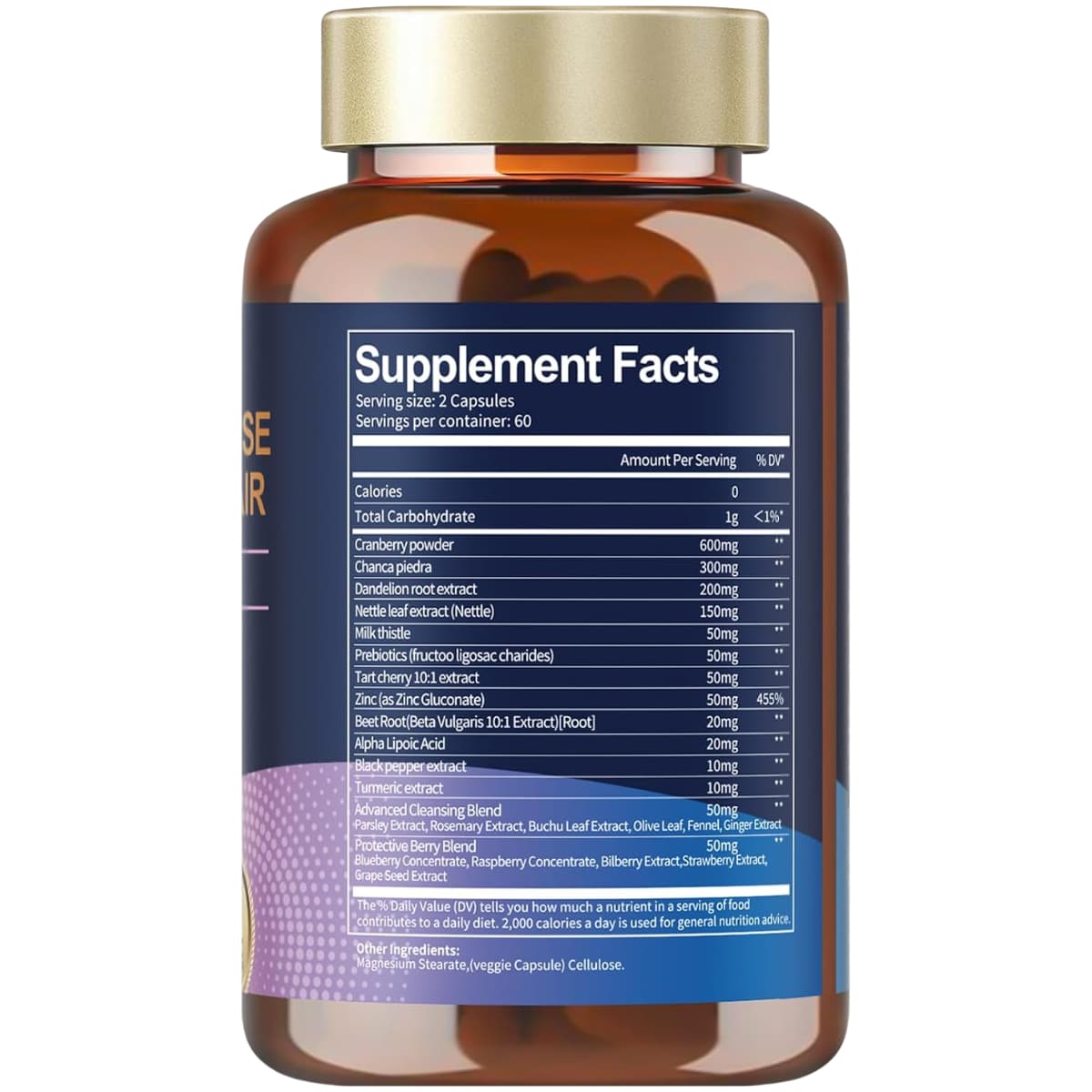 Tabla nutricional del suplemento Totaria Health Limpieza y Desintoxicación Renal 120 Cápsulas