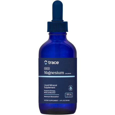 Frasco frontal de Trace Minerals magnesio iónico líquido, presentación de 118 ml.
