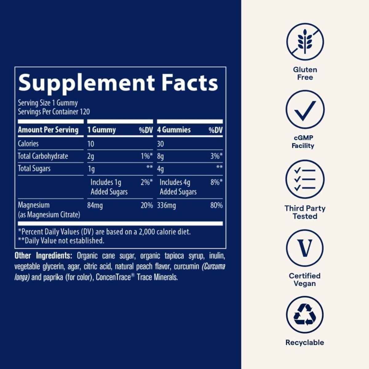 Etiqueta Supplement Facts de Trace Minerals Magnesium Gummies sabor durazno de 120 gomitas