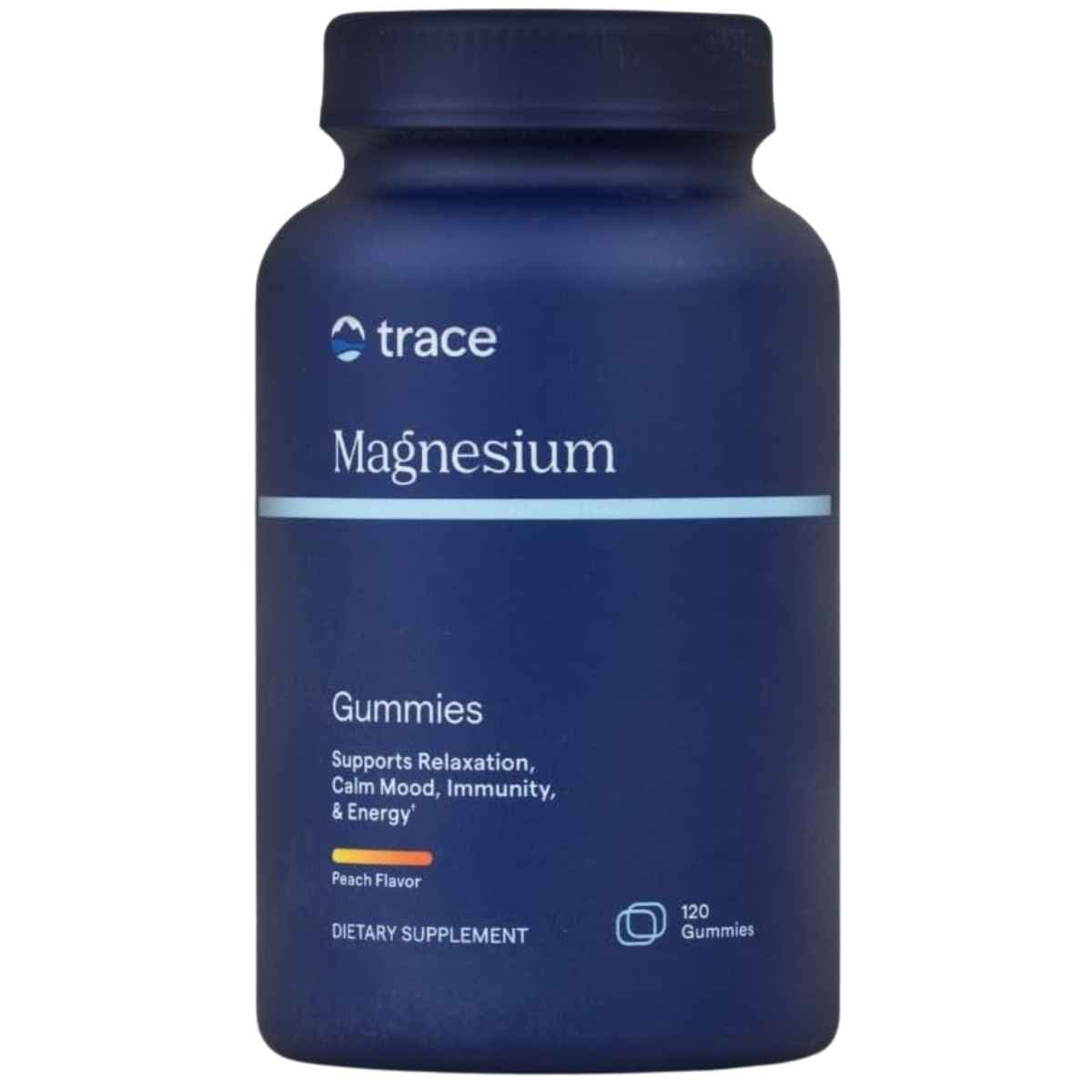 Frasco de Trace Minerals Magnesium Gummies sabor durazno de 120 gomitas