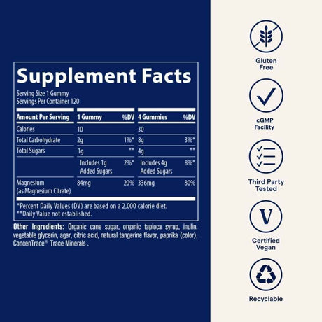 Etiqueta Supplement Facts de Trace Minerals Magnesium Gummies sabor mandarina de 120 gomitas