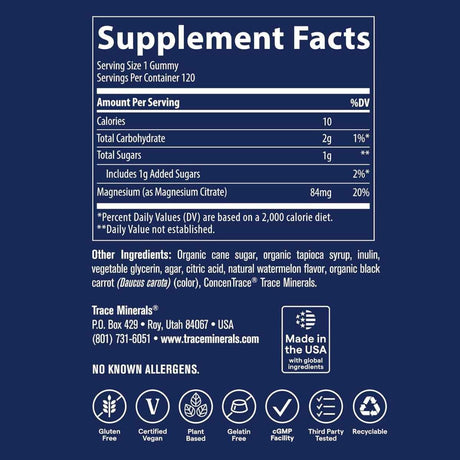 Etiqueta Supplement Facts de Trace Minerals Magnesium Gummies sabor sandía de 120 gomitas