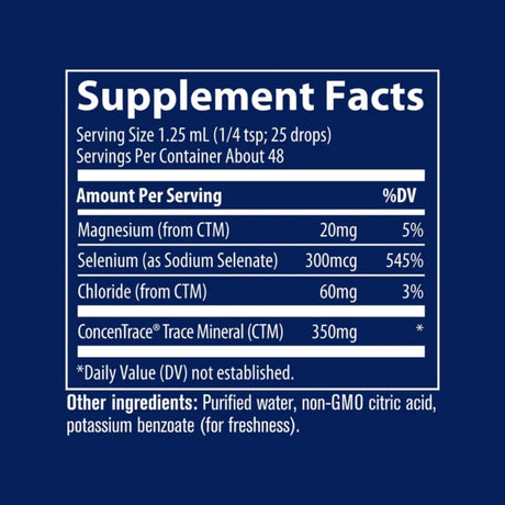 Información de ingredientes de Trace Minerals Selenio Iónico líquido de 300 mcg